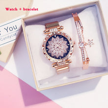 Load image into Gallery viewer, Women Mesh Magnet Buckle Lucky Flower Watches + bracelet set Luxury Ladies Rhinestone Quartz Watch Starry sky Relogio Feminino
