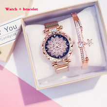 Load image into Gallery viewer, Women Mesh Magnet Buckle Lucky Flower Watches + bracelet set Luxury Ladies Rhinestone Quartz Watch Starry sky Relogio Feminino
