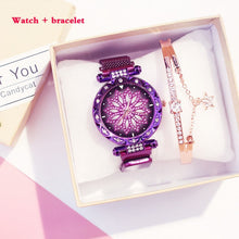 Load image into Gallery viewer, Women Mesh Magnet Buckle Lucky Flower Watches + bracelet set Luxury Ladies Rhinestone Quartz Watch Starry sky Relogio Feminino
