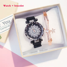 Load image into Gallery viewer, Women Mesh Magnet Buckle Lucky Flower Watches + bracelet set Luxury Ladies Rhinestone Quartz Watch Starry sky Relogio Feminino
