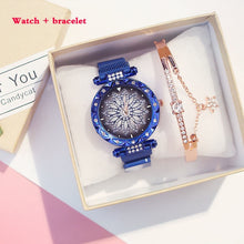 Load image into Gallery viewer, Women Mesh Magnet Buckle Lucky Flower Watches + bracelet set Luxury Ladies Rhinestone Quartz Watch Starry sky Relogio Feminino
